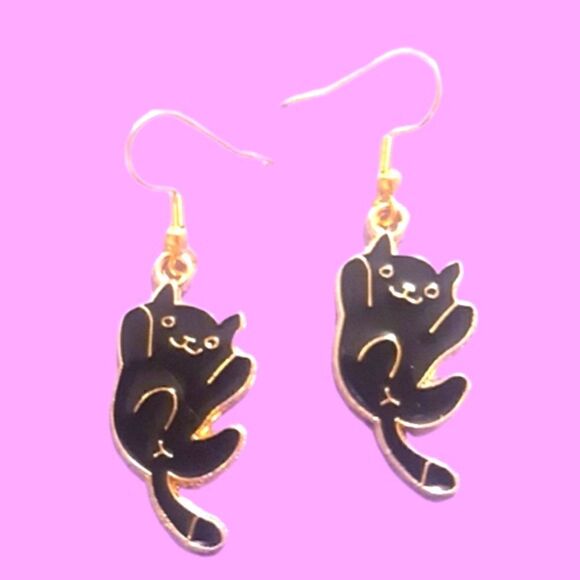 Black Cat Cartoon Kitty Earrings - Picture 1 of 5